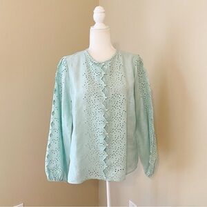 Tyler Boe 100% Linen Eyelet Cut Out Long Sleeve Top - Medium